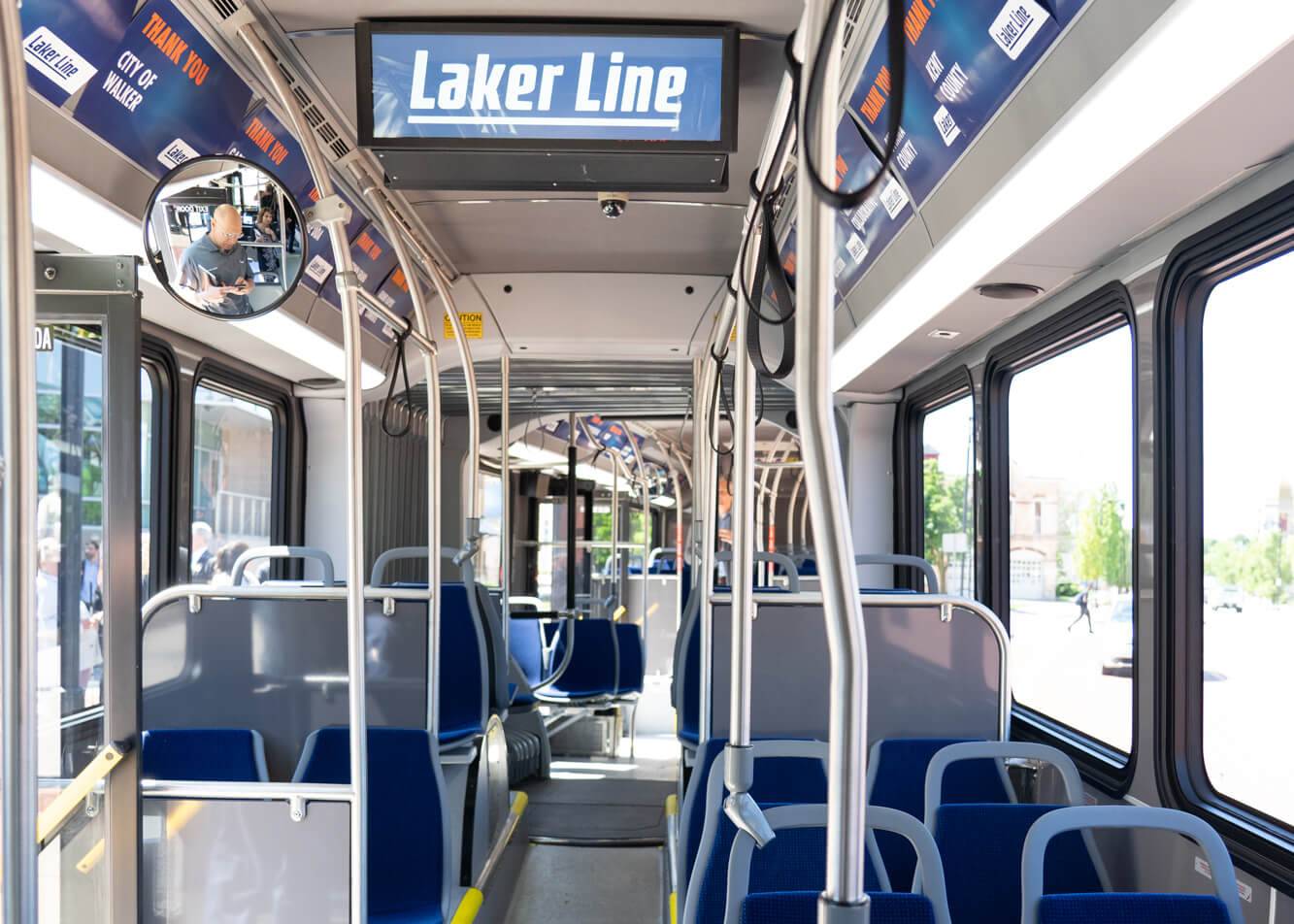 The interior of the Laker Line bus.